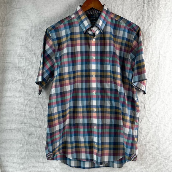 Leo Chevalier Men L Shirt Vtg Plaid Check Colorful Light Cotton No Iron Button - Picture 16 of 16